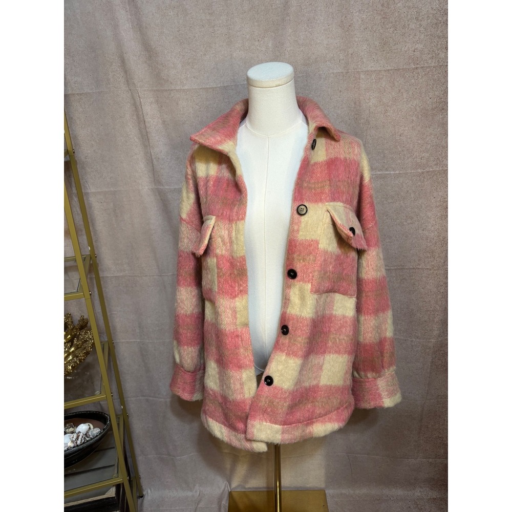 By Together Pink Plaid Shacket Oversized Fuzzy Button Down Jacket L5105-C Small